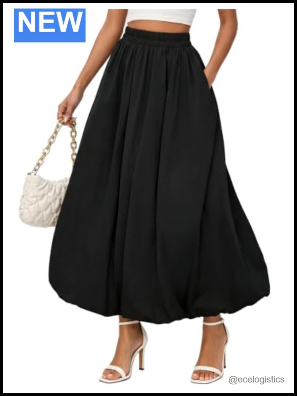 Women's Bubble Maxi Skirt with Pockets Puffy Hem Pleated High Rise Casual Flowy